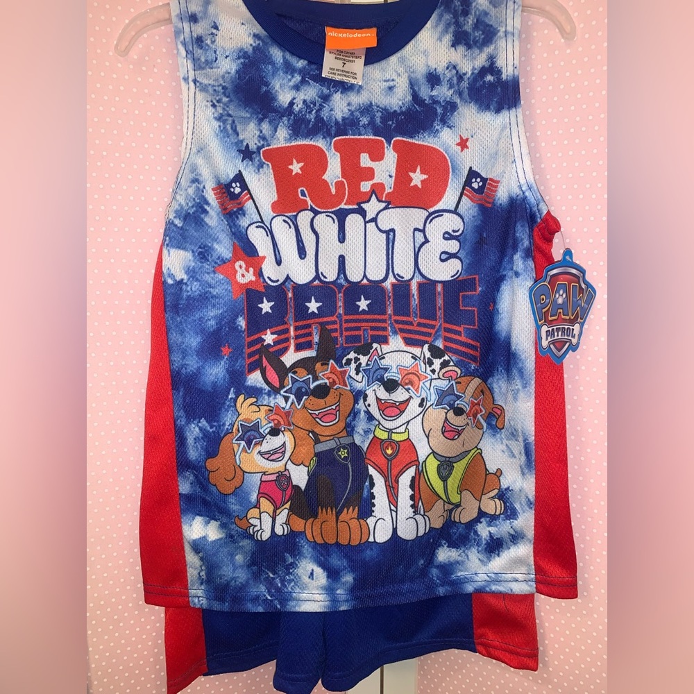 Boys size 7- two piece paw patrol short set. Nickelodeon red white & brave dogs